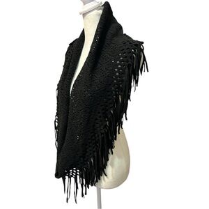 Open Weave Knit Black with Fringe Infinity Scarf